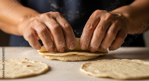 Close-up of hands pressing uncooked tortillas, dusted with flour on a white surface, concept for homemade food, traditional cooking and culinary arts preparation