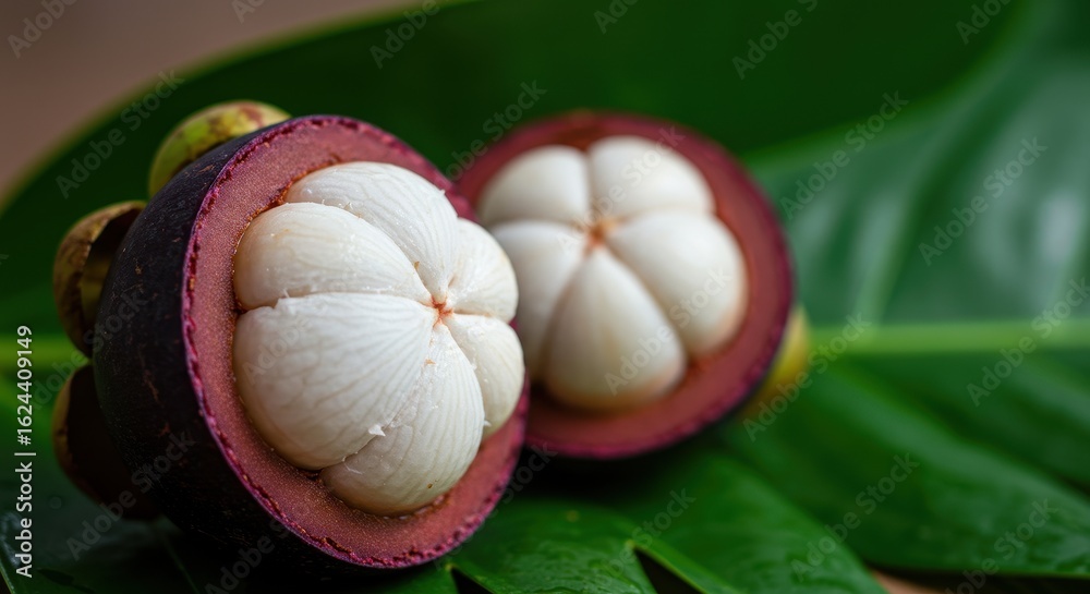 Fresh and Juicy Mangosteen Fruit Halved on Green Leaf Background, Tropical Delight for Health and Culinary Use Fresh and Juicy Mangosteen Fruit Halved on Green Leaf Background, Tropical Delight for Health and Culinary Use