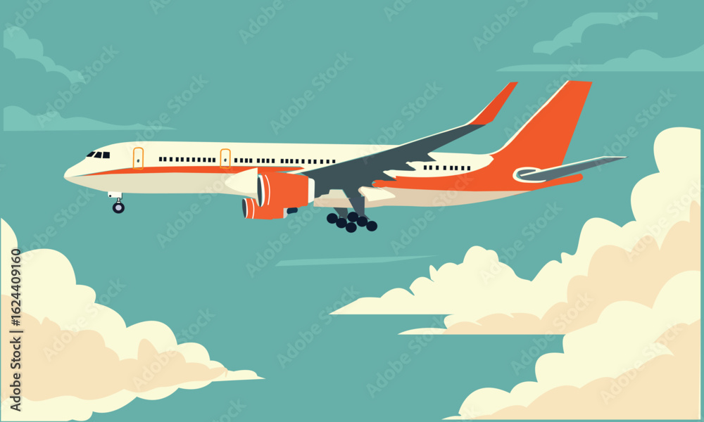 Obraz premium PrinFlat Vector Airplane Flying Over Clouds and Ocean – Minimal Travel Illustrationt