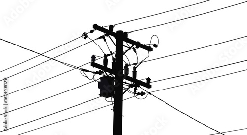 Silhouette of electrical utility pole with transformer and multiple power lines, energy distribution infrastructure against white background