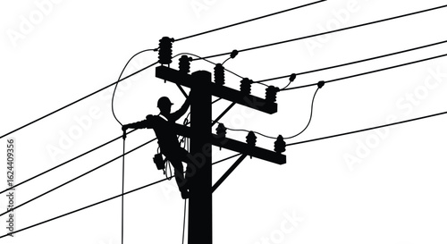 Silhouette of lineman working on high-voltage power pole, performing electrical maintenance, safety gear, harness, and power lines