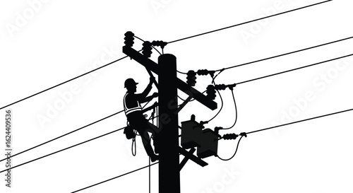 Silhouette of utility worker climbing power pole performing electrical maintenance with transformers and power lines, safety gear and harness