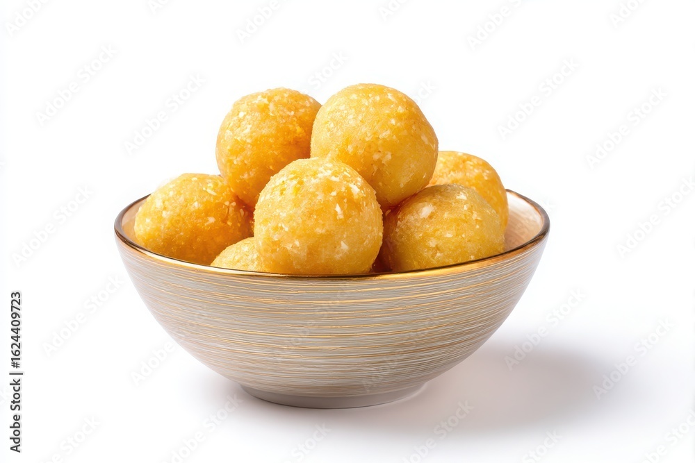Bowl of golden yellow round sweet laddu dessert balls with white speckles isolated on white background Bowl of golden yellow round sweet laddu dessert balls with white speckles isolated on white background