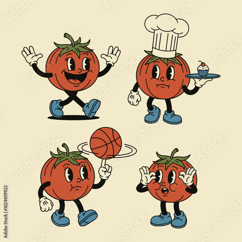 Retro cartoon tomato characters set, vintage mascot collection, chef, basketball player, happy poses