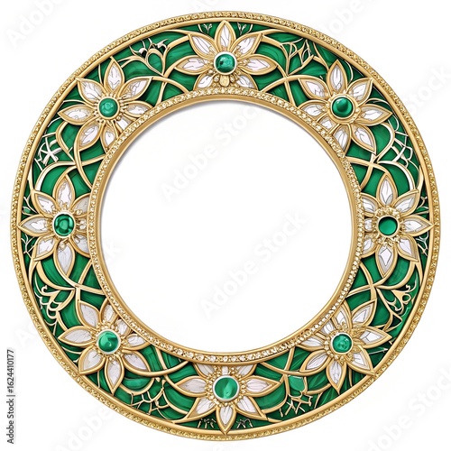 A decorative circular frame with intricate floral patterns. The frame features green and gold colors, adorned with gemstones and pearls. Ideal for elegant presentations.