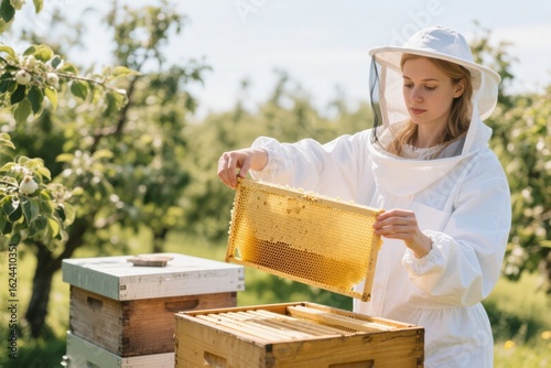 Caucasian Female Beekeeper Lifting Honeycomb Frame in Orchard