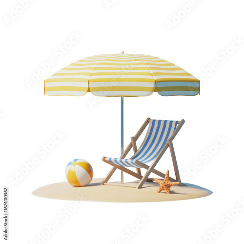 3d rendered illustration of a beach scene with a striped umbrella deck chair beach ball and starfish isolated on transparent background