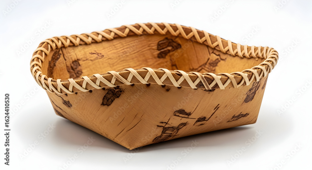 Obraz premium Handmade Birch Bark Basket with Woven Trim on White Background