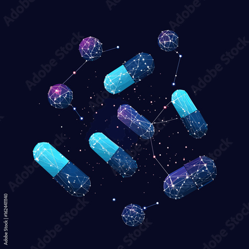 Abstract digital 3D capsules with connected network spheres and glowing constellation stars in dark space background for medicine technology and pharmaceutical innovation concept