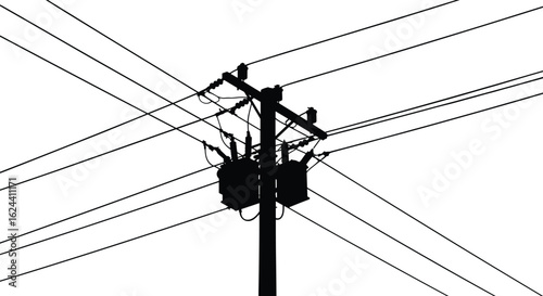 High voltage power pole with electric transformers and overhead utility wires, energy transmission infrastructure, black silhouette on white background