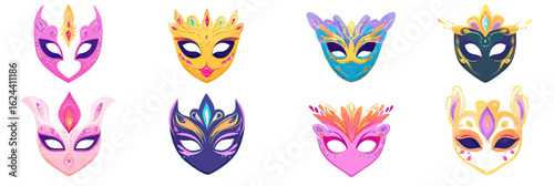 Set of eight colorful carnival masquerade masks with ornamental designs and feather accents isolated on white background vector illustration flat style