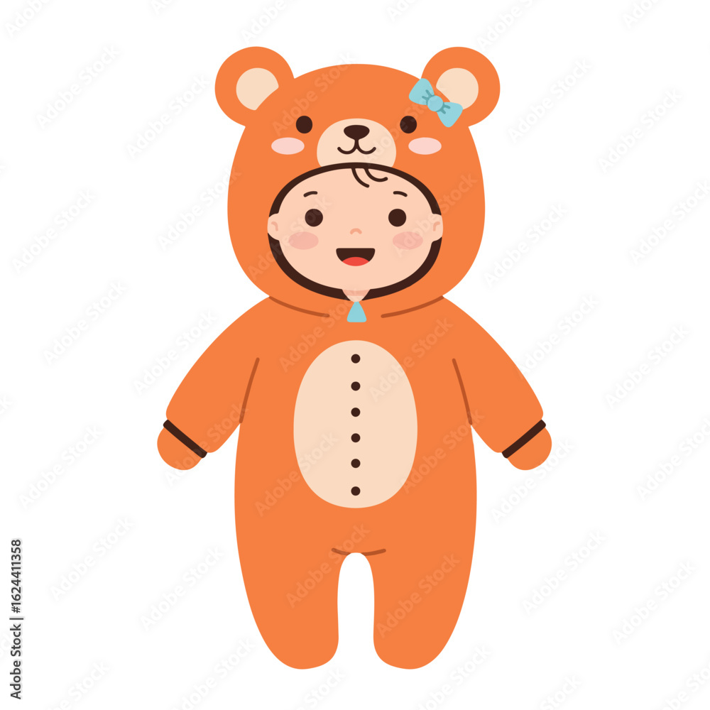 Fototapeta premium A cheerful baby is depicted wearing an orange bear costume with a blue bow on its head.