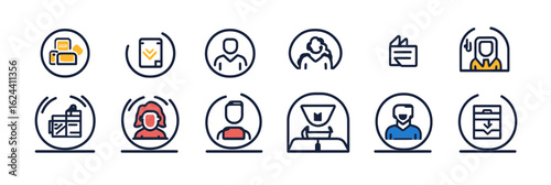 Minimalist flat line icons set representing employee identification badge, profile, checklist, personnel file, and security access in business context vector illustration