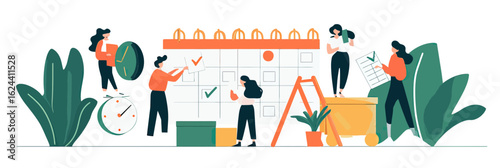 Flat vector illustration of business people planning schedule and tasks on large calendar with checklist and clock in office environment concept