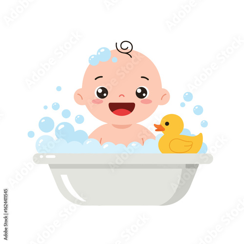 Happy baby enjoying a bubbly bath with a yellow rubber ducky.