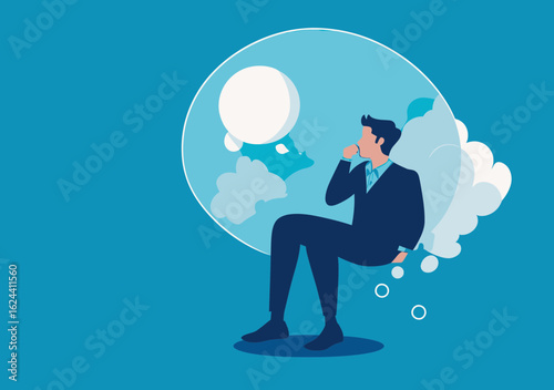 Thoughtful businessman sitting on large transparent thinking bubble with blank speech clouds isolated on blue background concept for idea, reflection, contemplation, and problem solving