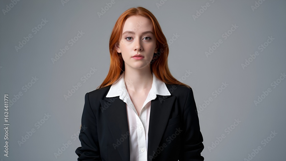 A young redhead woman in a professional black blazer stares calmly with fair skin tone. A young redhead woman in a professional black blazer stares calmly with fair skin tone.
