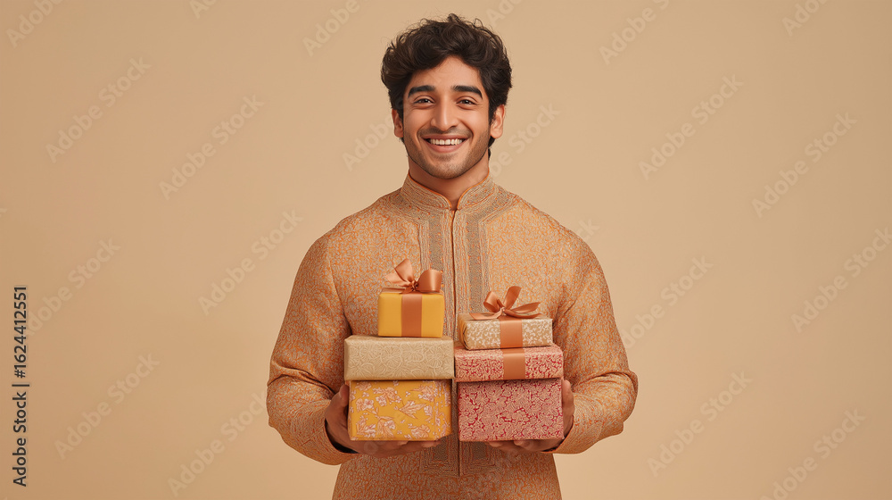 Joyful Gifting: A man is smiling while holding a stack of beautifully wrapped gift boxes, exuding the spirit of generosity and happiness. Joyful Gifting: A man is smiling while holding a stack of beautifully wrapped gift boxes, exuding the spirit of generosity and happiness.