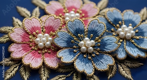 Handcrafted embroidery artwork showing a combination of pink and blue flowers with pearl accents, capturing elegance and traditional craft.