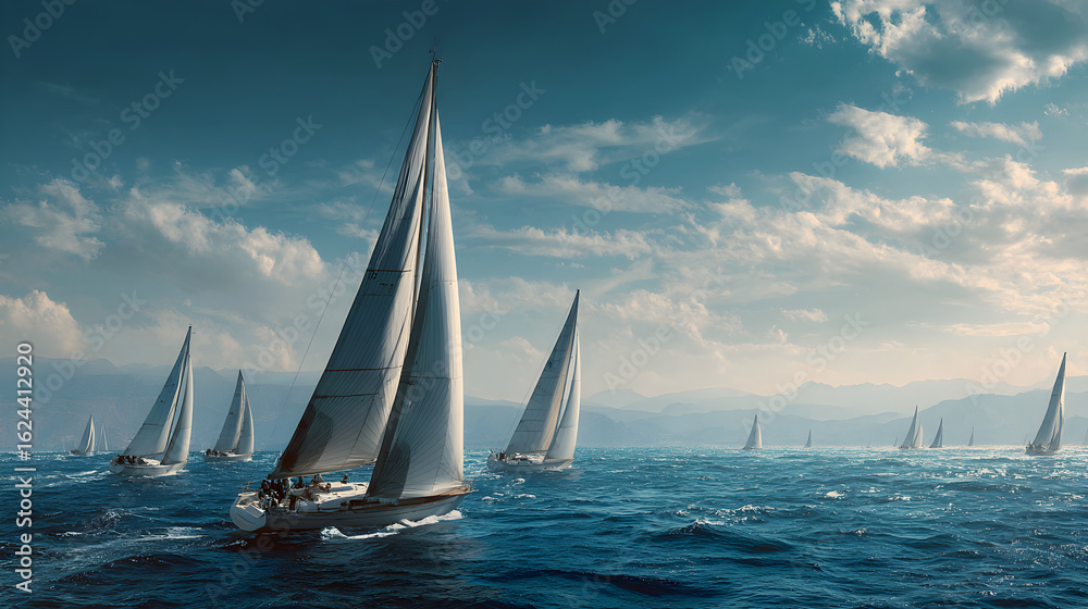 Fototapeta premium Spectacular Regatta: Graceful Boats Competing in a Thrilling Sailing Event with Pristine Waters and Enthralling Coastal Vistas Captivating Both Participants and Spectators