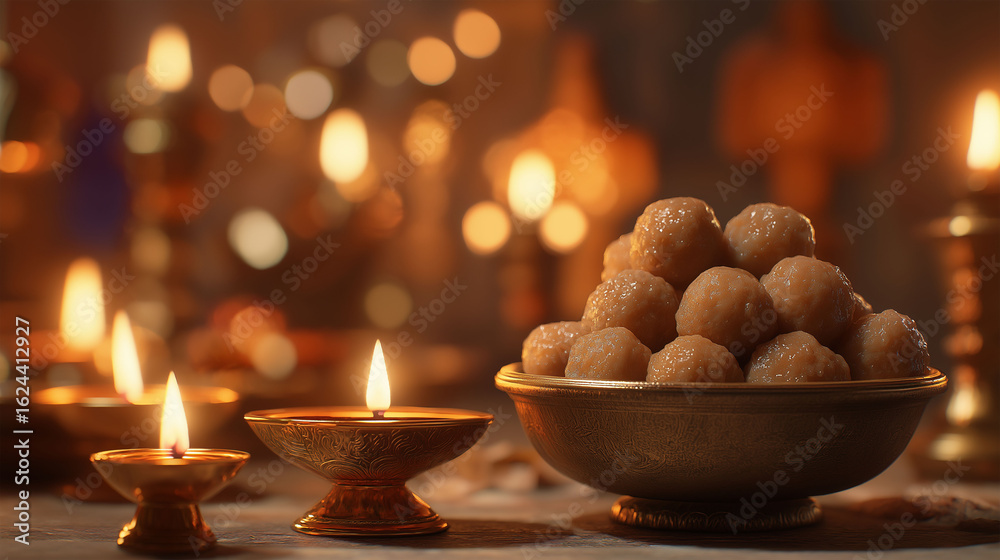 Obraz premium Spiritual Feast: Captivating the serenity of a cultural celebration, warm candlelight bathes a bowl of golden laddu sweets in a captivating, close-up embrace. 