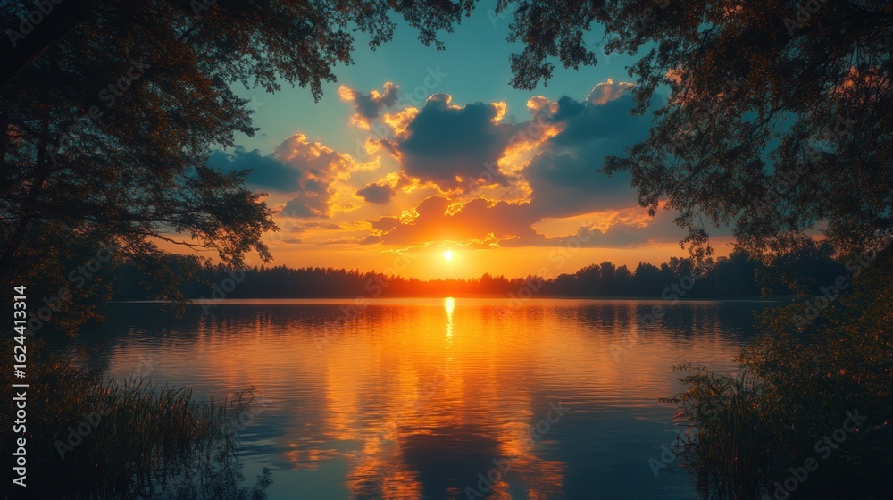 Serene Sunset Over Tranquil Lake with Reflections Serene Sunset Over Tranquil Lake with Reflections