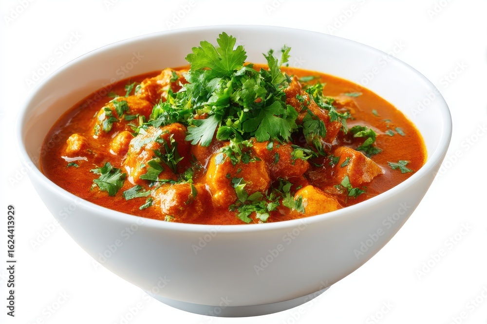 Delicious chicken tikka masala served in a white bowl garnished with fresh cilantro isolated on white background Delicious chicken tikka masala served in a white bowl garnished with fresh cilantro isolated on white background