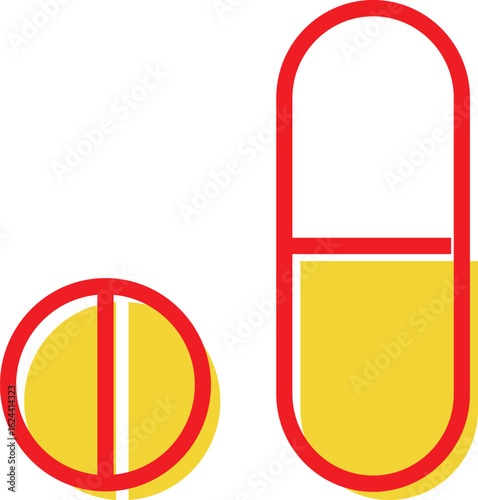 Flat illustration of a tablet and capsule pill in red and yellow, representing medicine, healthcare, and pharmaceutical products. Perfect for pharmacy apps, medical infographics, and healthcare brandi