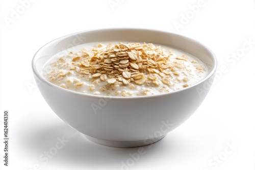Close up of a bowl of oatmeal with rolled oats on top isolated on white background