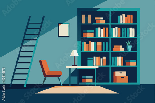 vector of a chic home library with wall to wall bo.eps