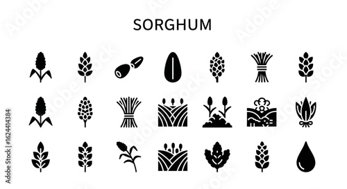 Sorghum Icons: Solid Black Glyphs for Cereal Grains & Farming