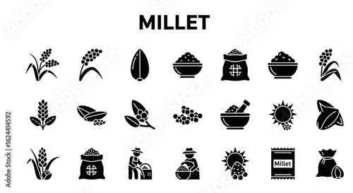 Millet Icons Set: Solid Black Glyphs for Grains, Cereal & Agriculture