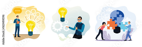 Entrepreneurs thinks and finds ideas, imagine with ideas, collaborate in solving problems.