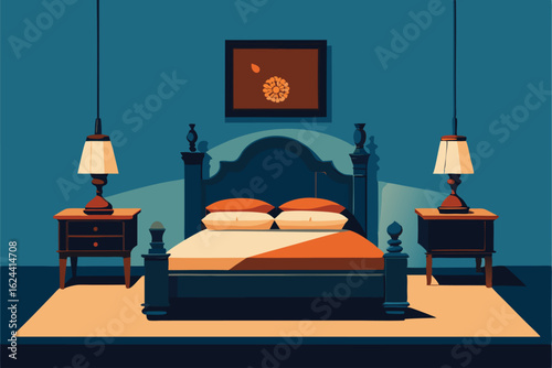 vector of a traditional bedroom with carved wood f.eps