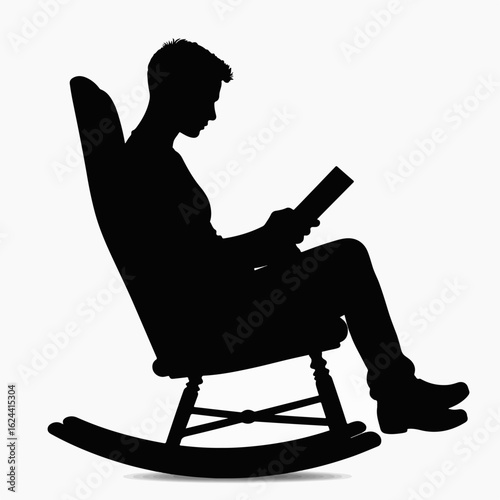 Person reading in rocking chair, enjoying quiet moment with book. Person reading in rocking chair is silhouetted, highlighting focus and relaxation.