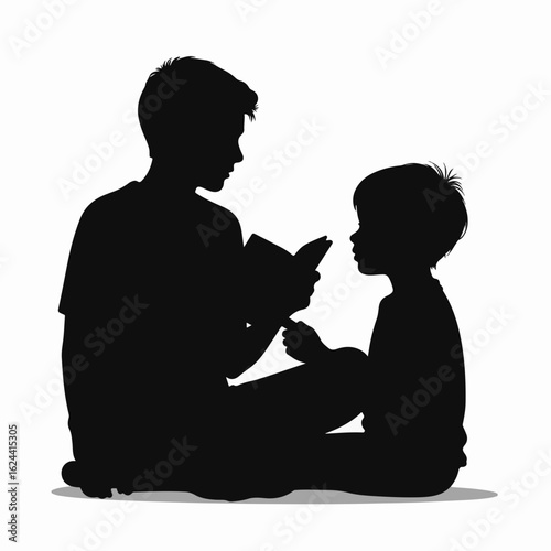 Teen reading to toddler sibling depicted in silhouette showing sibling reading time. Older teen shares story book with younger sibling during sibling reading moment.