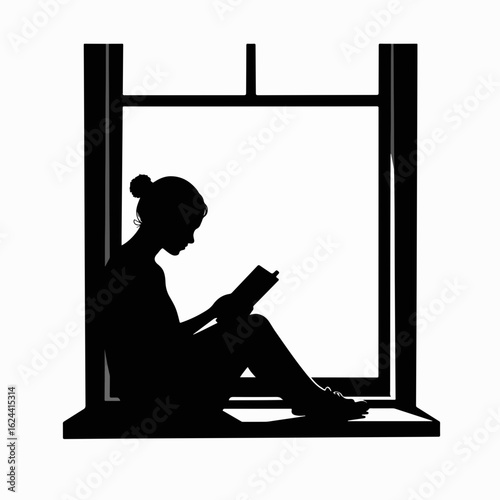Person reading on windowsill depicted as dark silhouette in quiet solitude. Person reading with focused intensity, creating tranquil scene of relaxation, emphasizing escape and comfort,