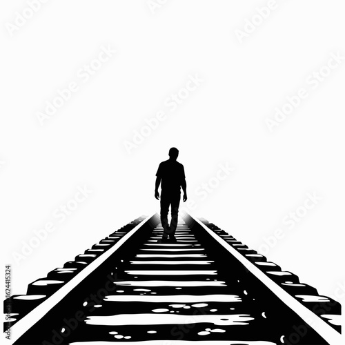 Person walking along train tracks in silhouette art style, isolated over white. Silhouette illustrates person walking along train tracks, creating a striking image of solitary journey.