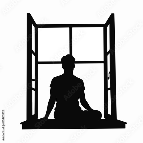 Silhouette person sitting on windowsill in an open window. Silhouette of a person sitting on windowsill offers calm contemplation and a peaceful view to the outside world.