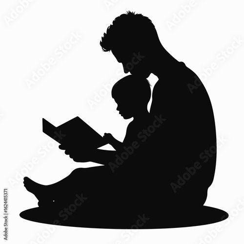 Father holding child reading bedtime story, silhouetted against white. Bedtime story evokes tenderness, connection, and love, as father shares precious moments with his child.