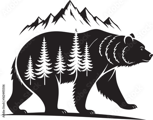 Black bear walking with pine trees and mountains grizzly bear