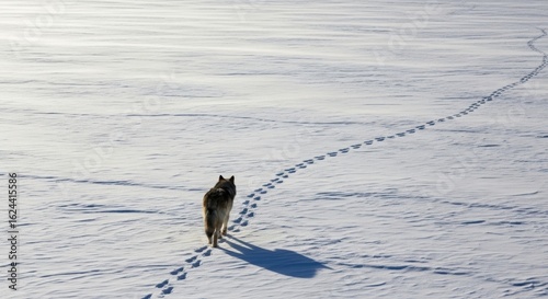 Lone wolf walking across a vast expanse of snow leaving tracks in the pristine white landscape during winter