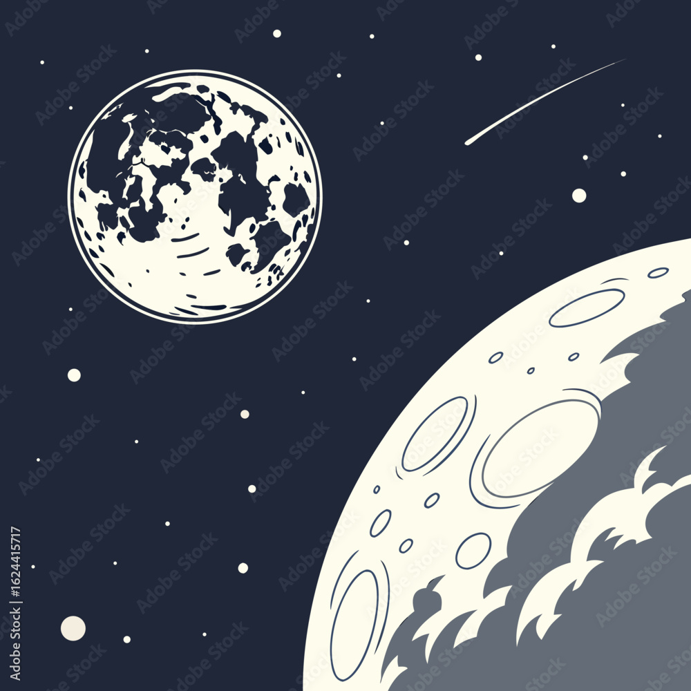 Naklejka premium Stylized illustration of the moon and a distant planet in a starry night sky with a shooting star