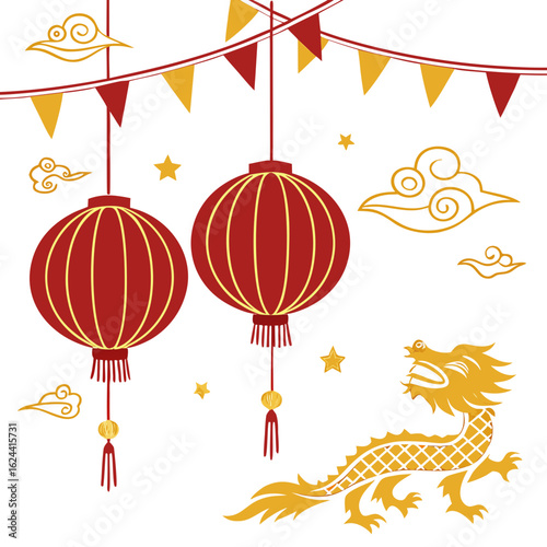 Traditional chinese new year celebration with red lanterns golden dragon clouds and festive bunting