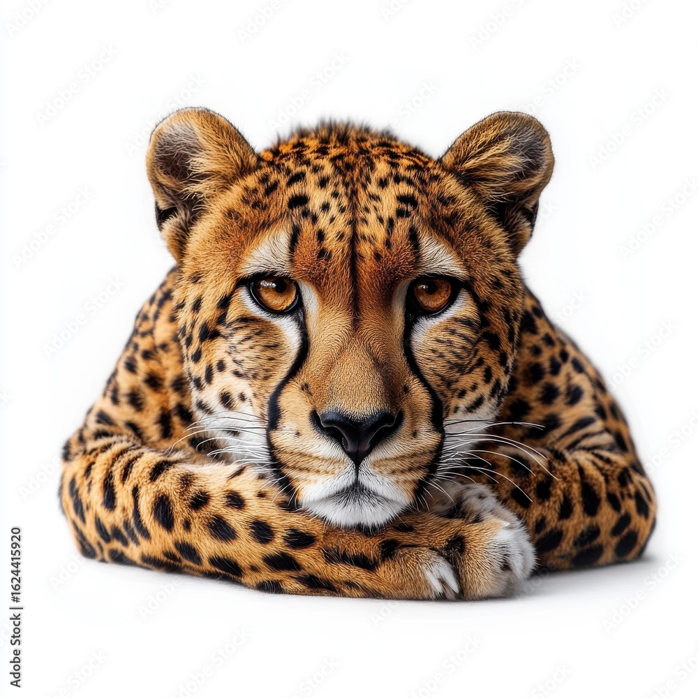 Obraz premium Cheetah lying down looking forward isolated on white background