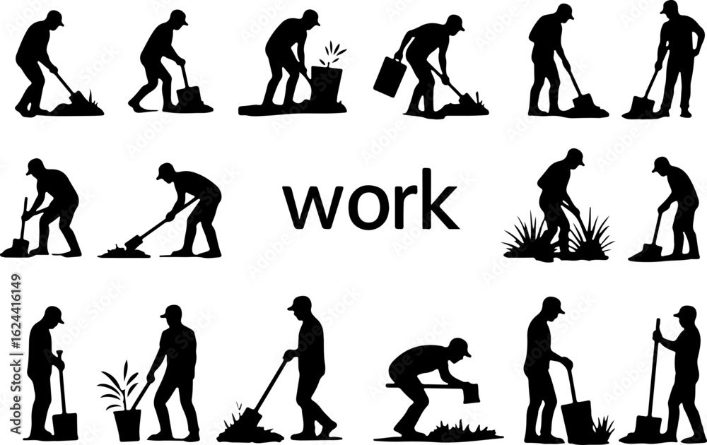 Fototapeta premium Gardener Silhouettes Performing Planting and Landscaping Tasks vector