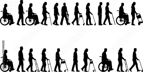 Silhouettes of Elderly and Disabled People with Mobility Aids vector bundle