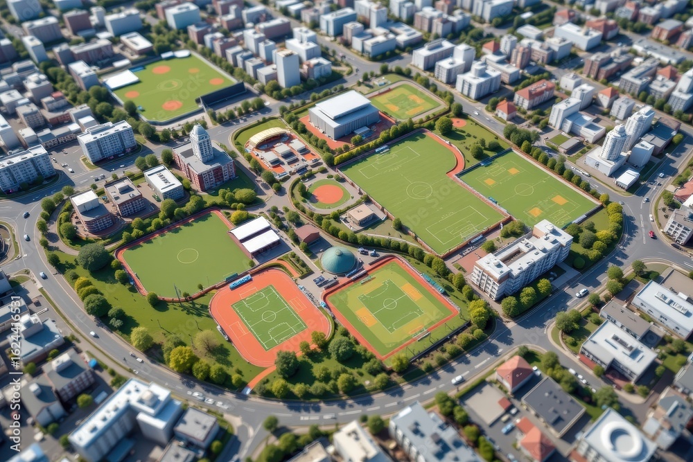 Naklejka premium a bird's eye image shows the layout of sports complexes and recreational facilities distributed throughout the city supporting public health and wellness strategies clearly