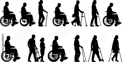 Silhouettes of Elderly and Disabled People with Mobility Aids vector bundle