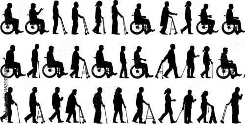 Silhouettes of Elderly and Disabled People with Mobility Aids vector bundle